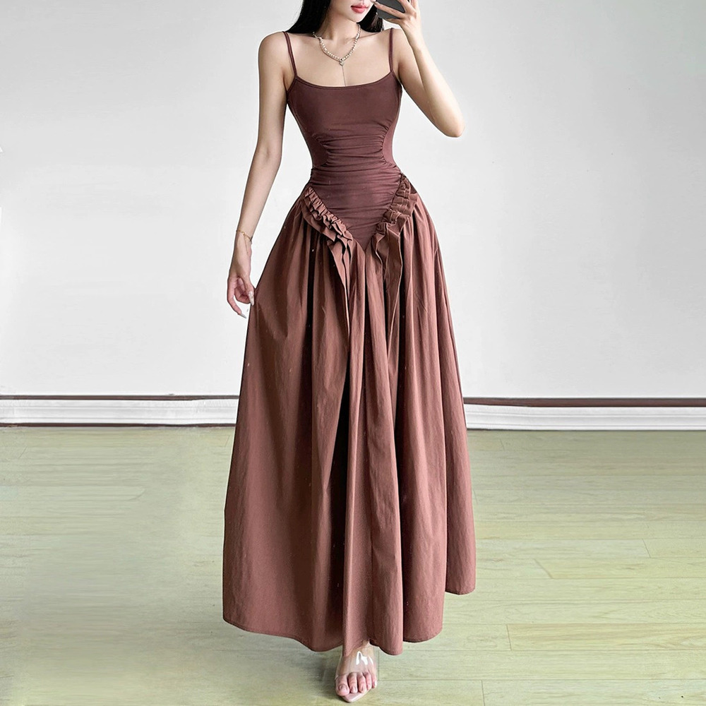 Zara Summer Solid Spaghetti Strap Waist Pleated Flared Dress